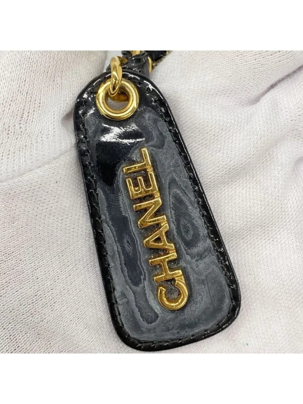 Chanel Shoulder Bag Quilted Patent Leather Black Gold